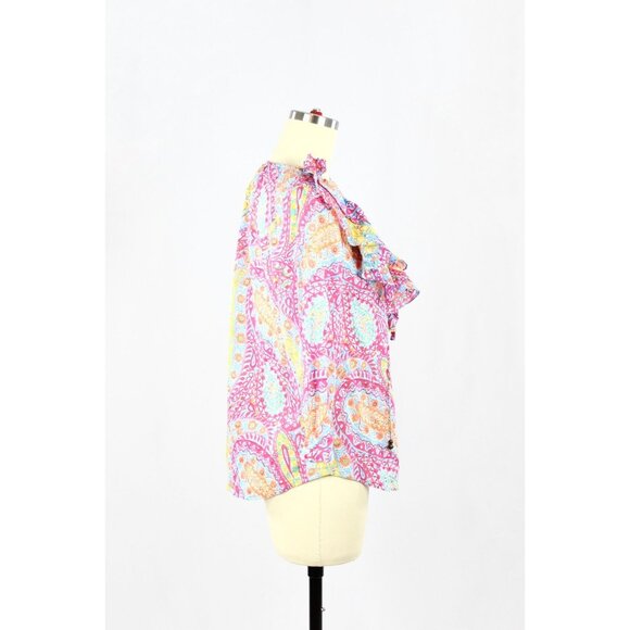 LAUREN RALPH LAUREN Pink Paisley Cotton Voile V-Neck Ruffle Blouse, Size M - Picture 2 of 16